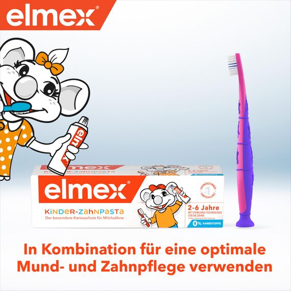 elmex Kinderzahnbürste 2-6 Jahre, 6 Stück – weiche, abgerundete Borsten für ein gründliches Putzen der Milchzähne – kindgerechte Zahnbürste für alle Griffarten geeignet