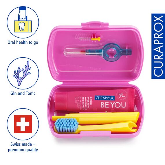 Curaprox Reiseset - CS 5460 Zahnbürste mit 'Be You' Zahnpasta | 2 CPS Prime Interdentalbürsten 07 und 09 / Zahnpflegeset 9,5 cm x 6 cm/Magenta/Hergestellt in der Schweiz