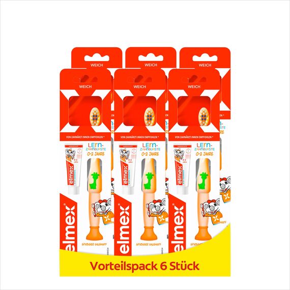 elmex Lern-Zahnbürste 0-2 Jahre, 6 Stück – altersgerechte Zahnreinigung mit weichen Borsten und ergonomischem Griff – gewöhnt Babys spielerisch an das Zähneputzen