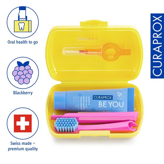 Curaprox Reiseset - CS 5460 Zahnbürste mit 'Be You' Zahnpasta | 2 CPS Prime Interdentalbürsten 07 und 09 / Zahnpflegeset 9,5 cm x 6 cm/Gelb/Hergestellt in der Schweiz