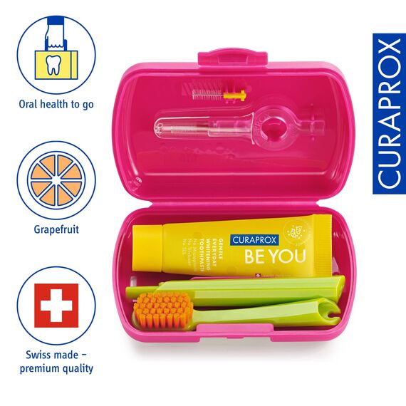 Curaprox Reiseset - CS 5460 Zahnbürste mit 'Be You' Zahnpasta | 2 CPS Prime Interdentalbürsten 07 und 09 / Zahnpflegeset 9,5 cm x 6 cm/Orange/Hergestellt in der Schweiz
