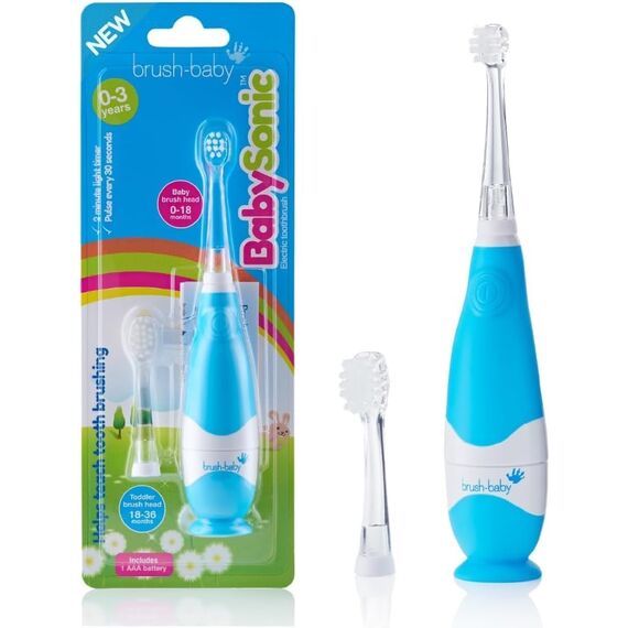 Brush-baby BabySonic Elektrische Zahnbürste für Kleinkinder, extra weiche Borsten, 2-Minuten-Timer und LED-beleuchteter Zahnbürstenkopf für Kinder von 0–3 Jahren, Babyblau