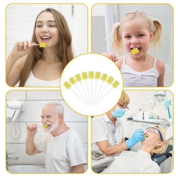 ACWOO Einweg Mundpflege Schwamm, 100 Stück Tragbare Mundschwamm Einweg, Mundpflegestäbchen für Reinigung Zahnkliniken (Gelb)