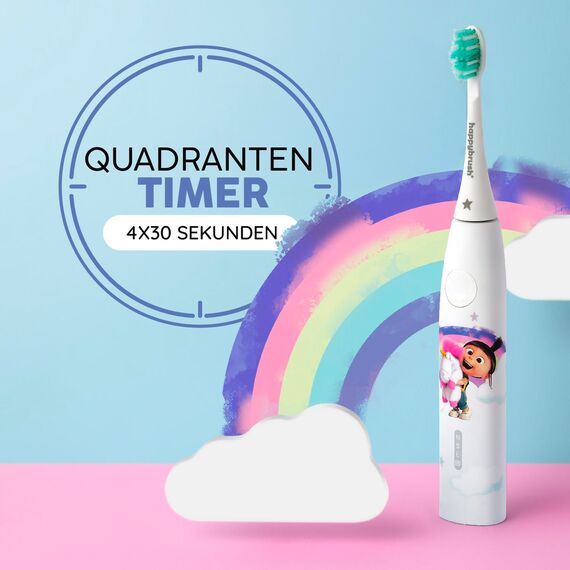 happybrush [Testsieger*] Elektrische Zahnbürste Für Kinder inkl. 3 Aufsteckbürsten, Sanfte Reinigung der Kinderzähne, Paw Patrol & Minions Agnes Design Einhorn (Agnes, 1x Set)