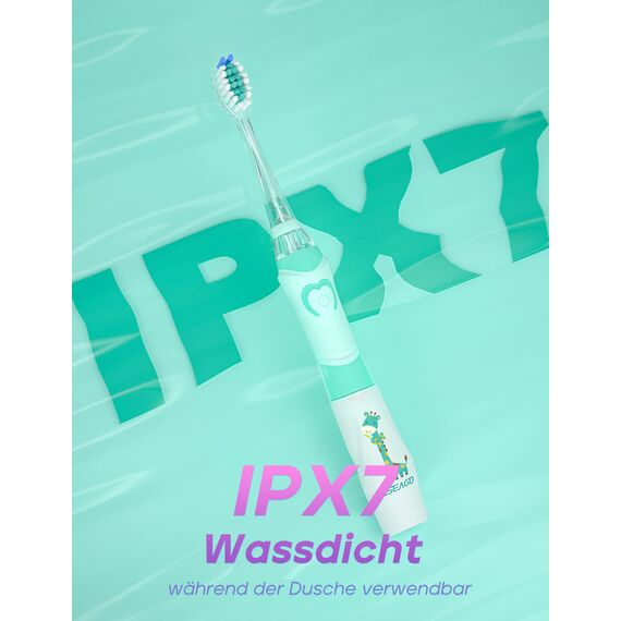 Seago Elektrische Zahnbürste Kinder ab 2, Kinderzahnbürsten mit 4 Extra Weiche Bürstenköpfe und LED Licht, 4 Modi 24000VPM Smart Timer Schallzahnbürste für Kleinkind Mädchen Jungen SG977(Grün)