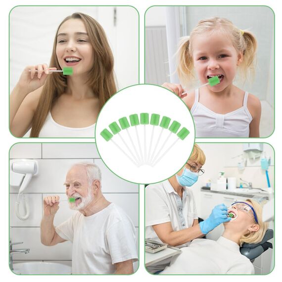 ACWOO Einweg Mundpflege Schwamm, 100 Stück Tragbare Mundschwamm Einweg,Mundpflegestäbchen für Reinigung Zahnkliniken (Grün)