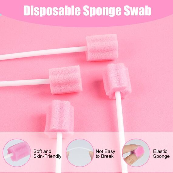 ACWOO Einweg Mundpflege Schwamm, 100 Stück Tragbare Mundschwamm Einweg, Mundpflegestäbchen für Reinigung Zahnkliniken (Rosa)