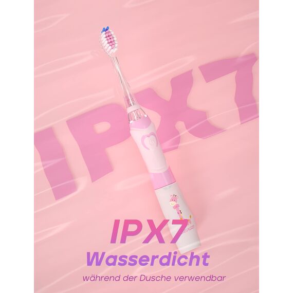 Seago Elektrische Zahnbürste Kinder ab 3 Jahren mit bunten LED Licht, 4 Aufsteckbürste, Smart Timer, Wasserdicht IPX7, SG977(Rosa)