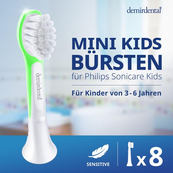 demirdental Ersatzbürsten für Kinder passend für Philips Sonicare Ersatzbürsten Kids, Compact Mini geeignet für 3-6 Jahre, entspricht HX6034 HX6038, Grün, 8er Set