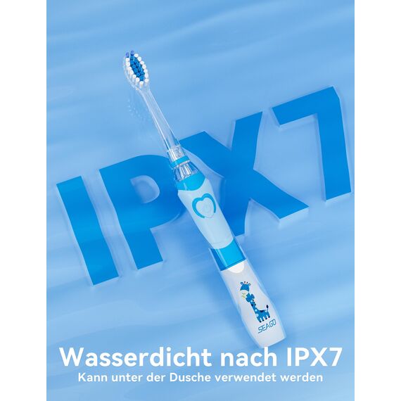 Seago Elektrische Zahnbürste Kinder ab 2, Kinderzahnbürsten mit 4 Extra Weiche Bürstenköpfe und LED Licht, 4 Modi 24000VPM Smart Timer Schallzahnbürste für Kleinkind Mädchen Jungen, SG-977(Hellblau)