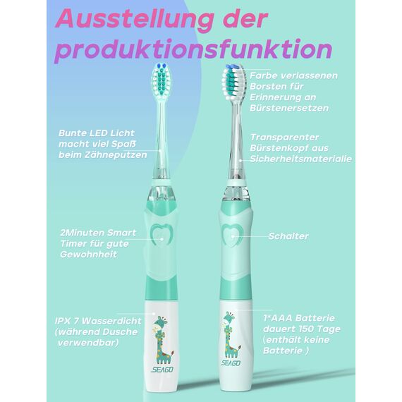 Seago Elektrische Zahnbürste Kinder ab 2, Kinderzahnbürsten mit 4 Extra Weiche Bürstenköpfe und LED Licht, 4 Modi 24000VPM Smart Timer Schallzahnbürste für Kleinkind Mädchen Jungen SG977(Grün)