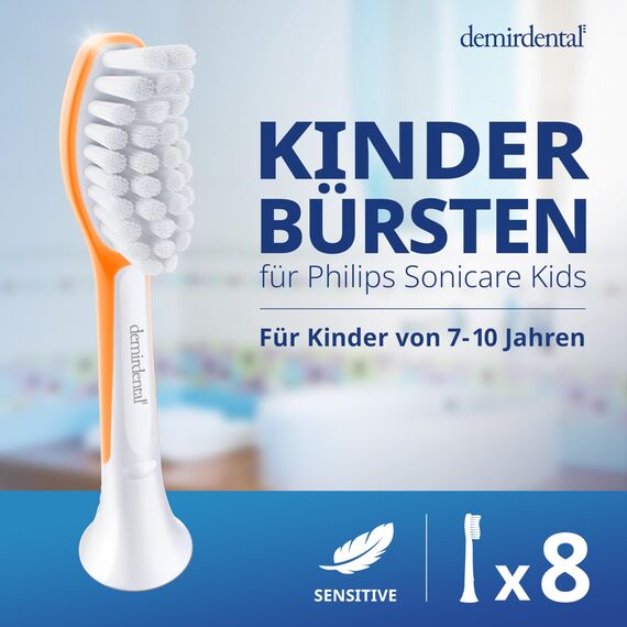 demirdental Aufsätze for Kids passend für Philips Sonicare Ersatzbürsten Kids, Kinder Schallzahnbürsten, Kinder Ersatzbürsten ab 7 Jahre, entspricht HX6048, Orange, 8er Set