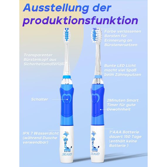 Seago Elektrische Zahnbürste Kinder ab 2, Kinderzahnbürsten mit 4 Extra Weiche Bürstenköpfe und LED Licht, 4 Modi 24000VPM Smart Timer Schallzahnbürste für Kleinkind Mädchen Jungen SG977(Blau)