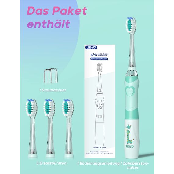 Seago Elektrische Zahnbürste Kinder ab 2, Kinderzahnbürsten mit 4 Extra Weiche Bürstenköpfe und LED Licht, 4 Modi 24000VPM Smart Timer Schallzahnbürste für Kleinkind Mädchen Jungen SG977(Grün)