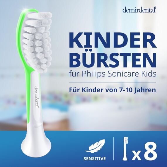 demirdental Bürstenkopf für Philips Sonicare Kids Bürstenkopf für Kinder, für erste bleibende Zähne, Kinder von 7 bis 10 Jahren, ersetzt HX6048 HX6044, Grün, 8 Stück