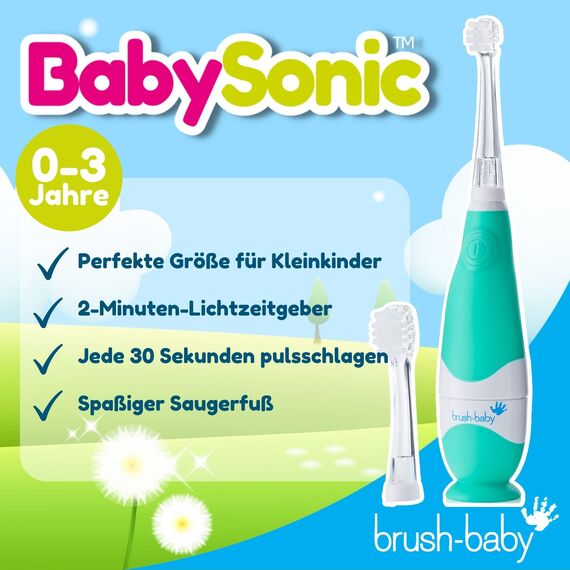 Brush-Baby – BabySonic Elektrische Zahnbürste Teal, 0–36 Monate – Weich, sanft vibrierend für empfindliches Zahnfleisch und die ersten Zähne – Mit LED-Licht – Bürstenköpfe für Babys und Kleinkinder