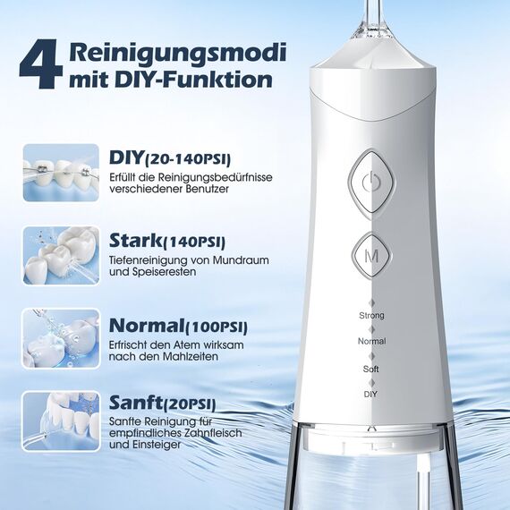 Munddusche Testsieger 2025, 4 Modi Professionelle Water Flosser, munddusche kabellos mit 350MLTank, Zahnzwischenraumreiniger mit 6 Jet-Tipps des Wasserdrucks für die Mundreinigung und Zahnspange