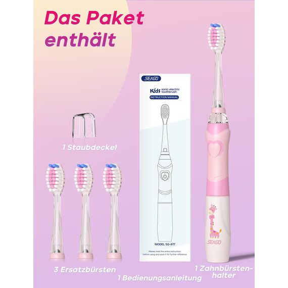 Seago Elektrische Zahnbürste Kinder ab 3 Jahren mit bunten LED Licht, 4 Aufsteckbürste, Smart Timer, Wasserdicht IPX7, SG977(Rosa)
