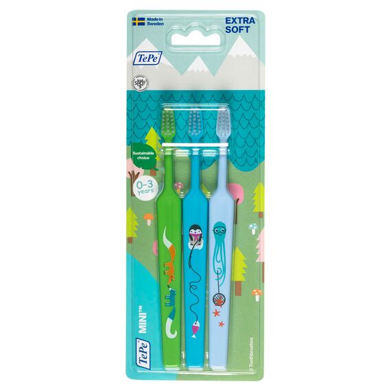 TePe Mini Zahnbürste, Extra Soft, 3 Stk., Kinderzahnbürste, extra weiche Borsten für eine sanfte Reinigung, vom ersten Zahn bis 6 Jahre