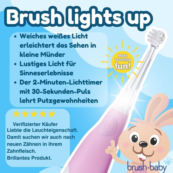 Brush-baby BabySonic Elektrische Zahnbürste für Kleinkinder, Babyrosa, extra weiche Borsten, 2-Minuten-Timer, LED-beleuchteter Zahnbürstenkopf Geeignet für Kinder von 0-3 Jahren