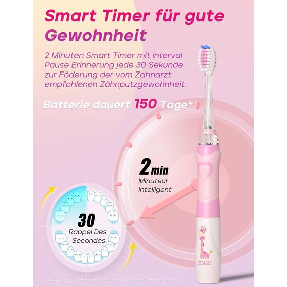 Seago Elektrische Zahnbürste Kinder ab 3 Jahren mit bunten LED Licht, 4 Aufsteckbürste, Smart Timer, Wasserdicht IPX7, SG977(Rosa)