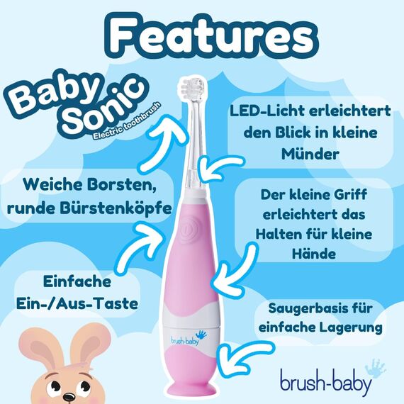 Brush-baby BabySonic Elektrische Zahnbürste für Kleinkinder, Babyrosa, extra weiche Borsten, 2-Minuten-Timer, LED-beleuchteter Zahnbürstenkopf Geeignet für Kinder von 0-3 Jahren