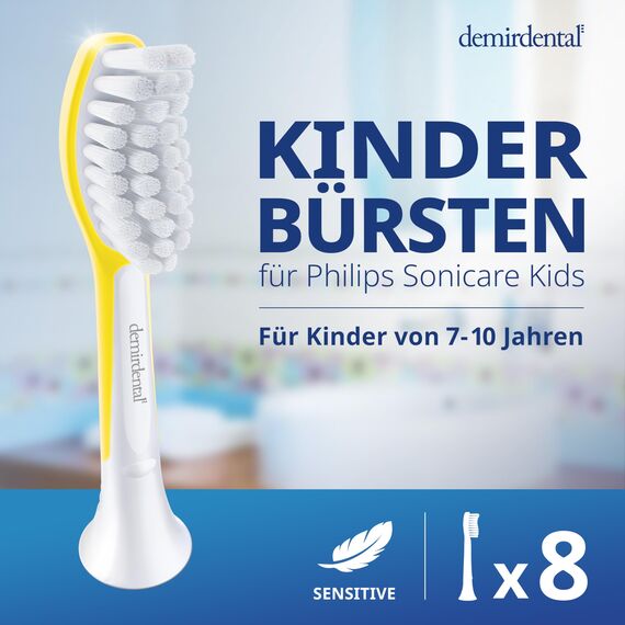 demirdental Ersatzbürsten for Kids passend für Philips Sonicare Ersatzbürsten Kids, Kinder Schallzahnbürsten, Kinder Ersatzbürsten ab 7 Jahre, entspricht HX6048, Gelb, 8er Set
