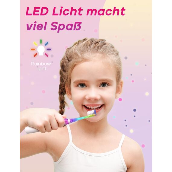 Seago Elektrische Zahnbürste Kinder ab 3 Jahren mit bunten LED Licht, 4 Aufsteckbürste, Smart Timer, Wasserdicht IPX7, SG977(Rosa)