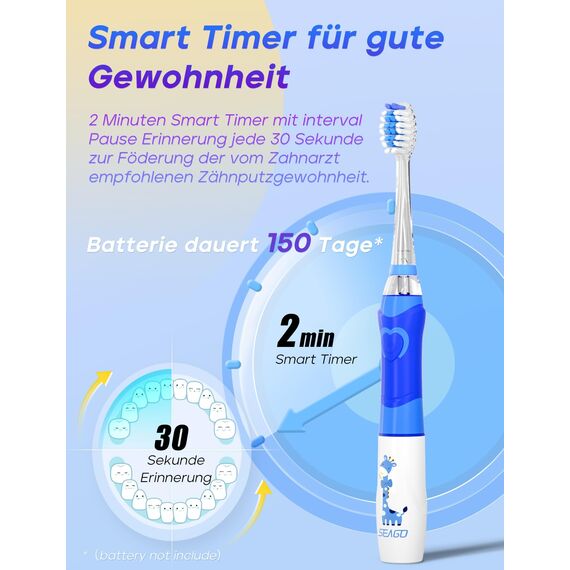 Seago Elektrische Zahnbürste Kinder ab 2, Kinderzahnbürsten mit 4 Extra Weiche Bürstenköpfe und LED Licht, 4 Modi 24000VPM Smart Timer Schallzahnbürste für Kleinkind Mädchen Jungen SG977(Blau)
