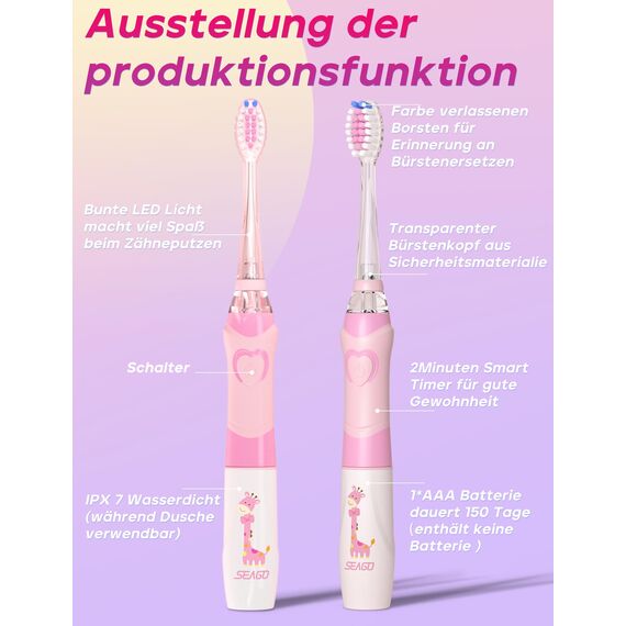 Seago Elektrische Zahnbürste Kinder ab 3 Jahren mit bunten LED Licht, 4 Aufsteckbürste, Smart Timer, Wasserdicht IPX7, SG977(Rosa)