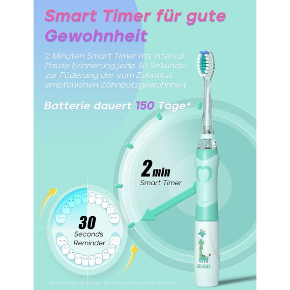 Seago Elektrische Zahnbürste Kinder ab 2, Kinderzahnbürsten mit 4 Extra Weiche Bürstenköpfe und LED Licht, 4 Modi 24000VPM Smart Timer Schallzahnbürste für Kleinkind Mädchen Jungen SG977(Grün)