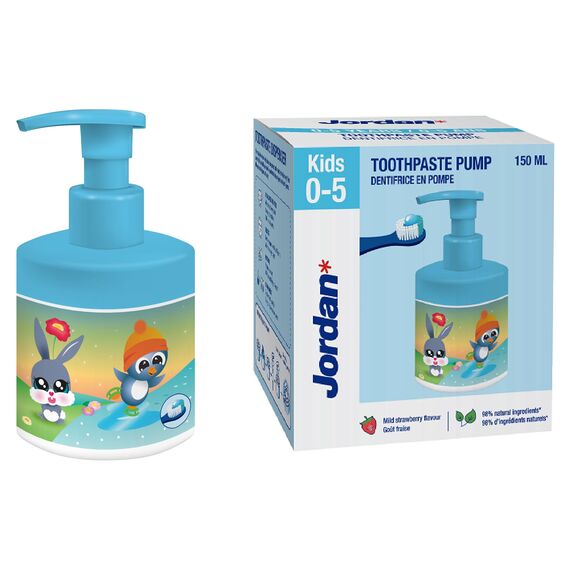 Jordan ® | Kinder-Zahnpastapumpe | Zahnpasta auf einem Pumpspender entspricht 3 normalen Tuben | Innovative und Bequeme Lösung für Kinder entwickelt | 0-5 Jahre | 1000ppm | Erdbeere | 150ml