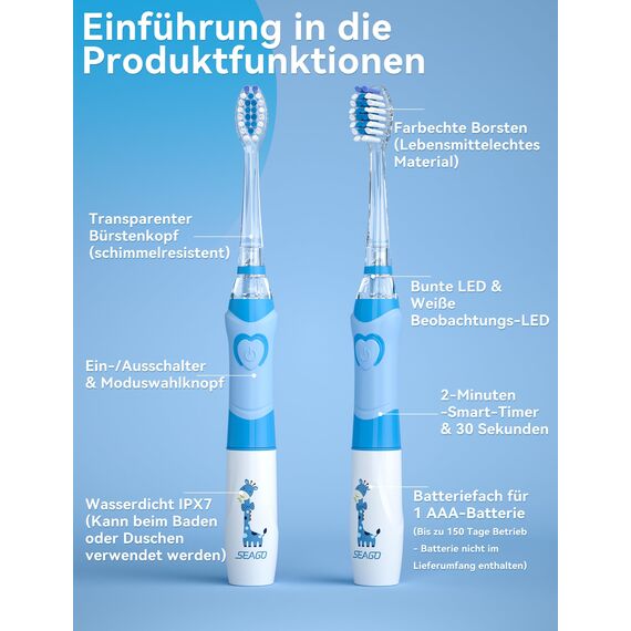 Seago Elektrische Zahnbürste Kinder ab 2, Kinderzahnbürsten mit 4 Extra Weiche Bürstenköpfe und LED Licht, 4 Modi 24000VPM Smart Timer Schallzahnbürste für Kleinkind Mädchen Jungen, SG-977(Hellblau)