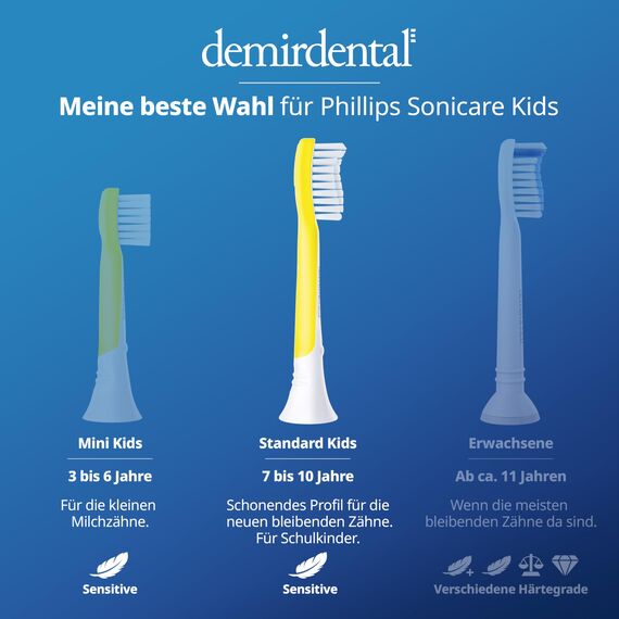 demirdental Ersatzbürsten for Kids passend für Philips Sonicare Ersatzbürsten Kids, Kinder Schallzahnbürsten, Kinder Ersatzbürsten ab 7 Jahre, entspricht HX6048, Gelb, 8er Set