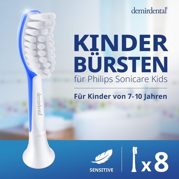 demirdental Ersatzbürsten for Kids passend für Philips Sonicare Ersatzbürsten Kids, Kinder Schallzahnbürsten, Kinder Ersatzbürsten ab 7 Jahre, entspricht HX6048, Dunkelblau, 8er Set