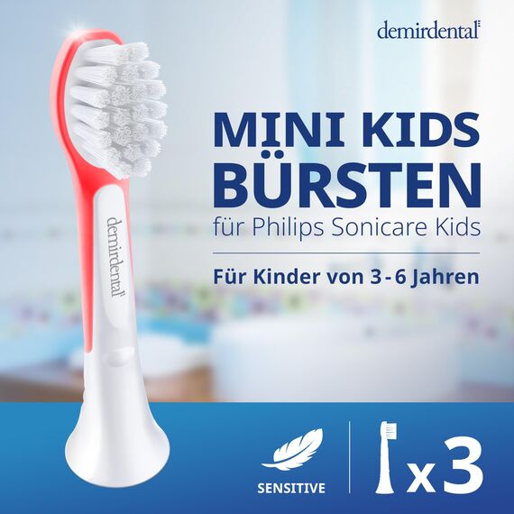 demirdental Ersatzbürsten für Kinder passend für Philips Sonicare Ersatzbürsten Kids, Compact Mini geeignet für 3-6 Jahre, entspricht HX6034 HX6033, Rot, 3er Set