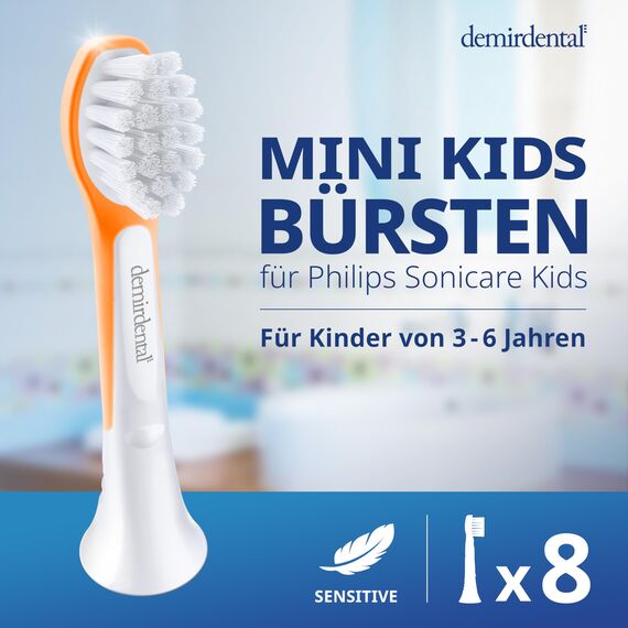 demirdental Ersatzbürsten für Kinder passend für Philips Sonicare Ersatzbürsten Kids, Compact Mini geeignet für 3-6 Jahre, entspricht HX6034 HX6038, Orange, 8er Set