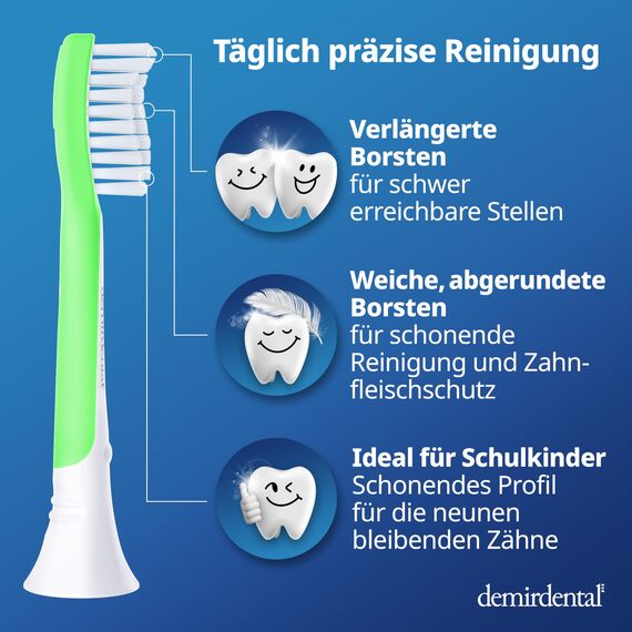 demirdental Bürstenkopf für Philips Sonicare Kids Bürstenkopf für Kinder, für erste bleibende Zähne, Kinder von 7 bis 10 Jahren, ersetzt HX6048 HX6044, Grün, 8 Stück