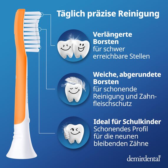 demirdental Aufsätze for Kids passend für Philips Sonicare Ersatzbürsten Kids, Kinder Schallzahnbürsten, Kinder Ersatzbürsten ab 7 Jahre, entspricht HX6048, Orange, 8er Set