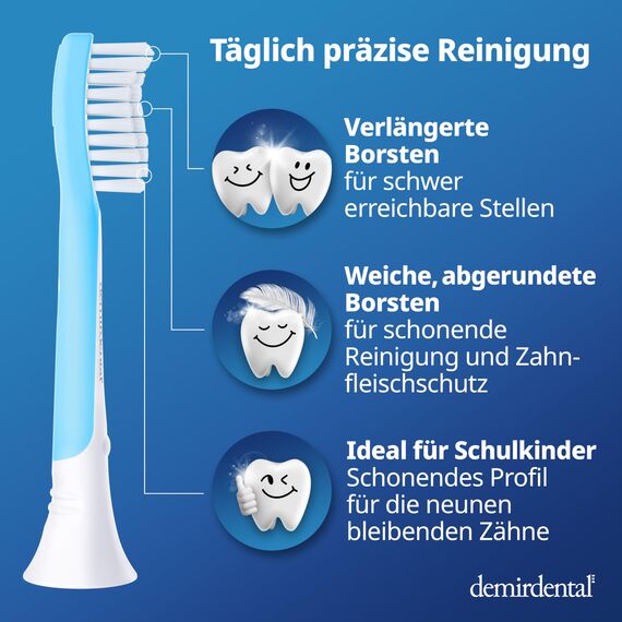demirdental Ersatzbürsten für Kids, passend für Philips Sonicare Ersatzbürsten Kids, Schallzahnbürsten ab 7 Jahre, entspricht HX6048, Hellblau, 8er Set