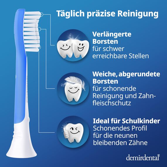 demirdental Ersatzbürsten for Kids passend für Philips Sonicare Ersatzbürsten Kids, Kinder Schallzahnbürsten, Kinder Ersatzbürsten ab 7 Jahre, entspricht HX6048, Dunkelblau, 8er Set
