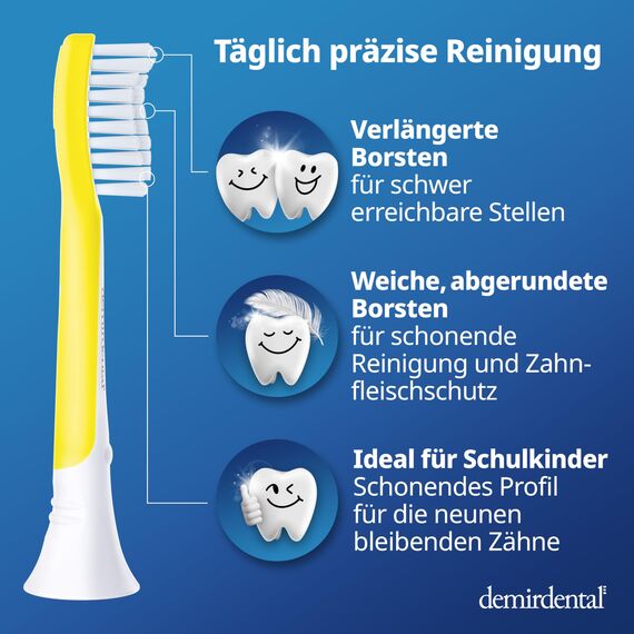 demirdental Ersatzbürsten for Kids passend für Philips Sonicare Ersatzbürsten Kids, Kinder Schallzahnbürsten, Kinder Ersatzbürsten ab 7 Jahre, entspricht HX6048, Gelb, 8er Set