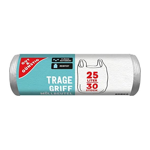 Gut & Günstig 150 Müllbeutel/Mülltüten mit Tragegriff, 25 Liter, 30 Stück pro Rolle, Reißfest & Flüssigkeitsdicht, Produkt & Verpackung recyclebar