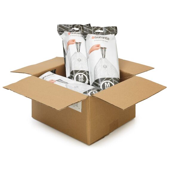 Brabantia Müllbeutel PerfectFit Multipack (Code M - 60L) Extra Starke Müllsäcke mit Zugband, 6 rollen (120 Müllbeutel)