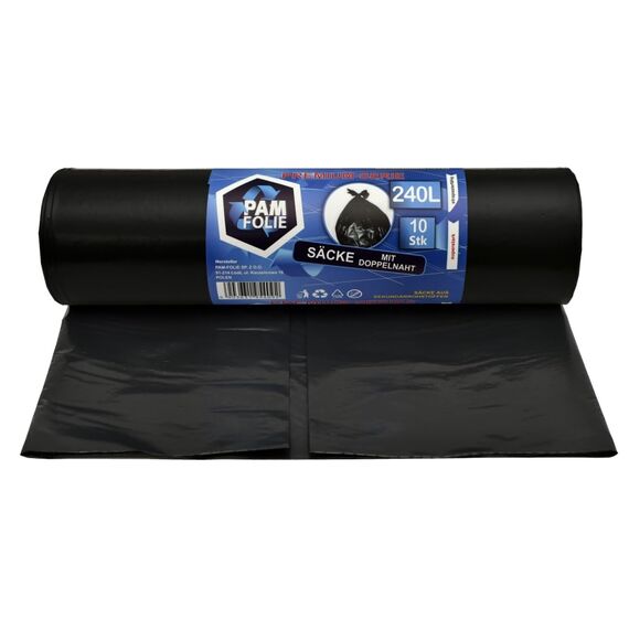 PAM-FOLIE Müllsäcke 240L - 10 Stück - XXL, Dicke, Große Abfallsäcke, Premium - 120x130cm - 45µm - schwarzer Müllbeutel - Säcke für Bauschutt Abfalls - Ideale Säcke für 240-Liter-Behälter