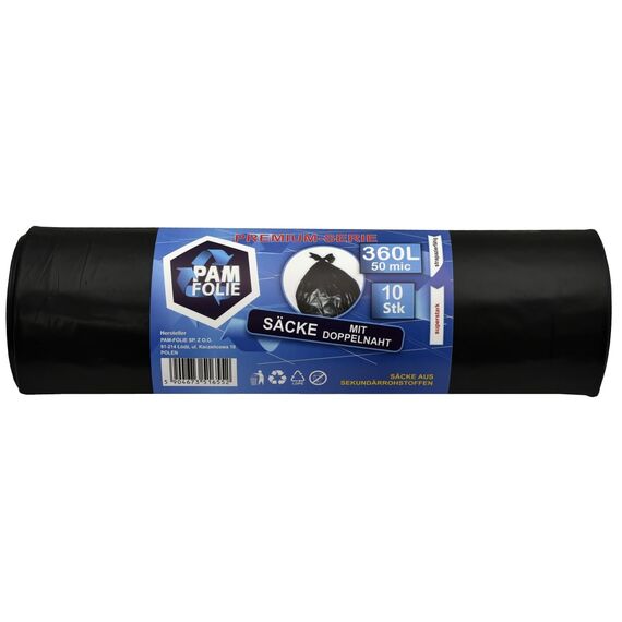 PAM-FOLIE Müllsäcke 360L - 10 Stück - XXL Große, Extra Stark, Dicke Abfallsäcke, Premium - 120x150cm - 50µm - schwarzer Müllbeutel - Bauschuttsäcke -Säcke für Bauschutt Abfalls, Styropor