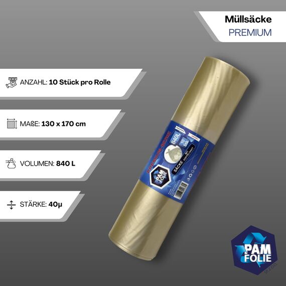 PAM-FOLIE Müllsäcke 840L - 10 Stück - XXL Große Bauschutt-Abfallsäcke, Premium - 130x170cm - 40µm - transparenter Müllbeutel - Bauschuttsäcke - Robuste Säcke für Styropor, Industrie
