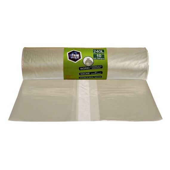 PAM-FOLIE Müllsäcke 240L - 10 Stück - XXL Große, Starke, Dicke Abfallsäcke - 120x130cm - 35µm - Universal, transparenter Müllbeutel - Bauschuttsäcke - Säcke für Bauschutt Abfalls, Styropor