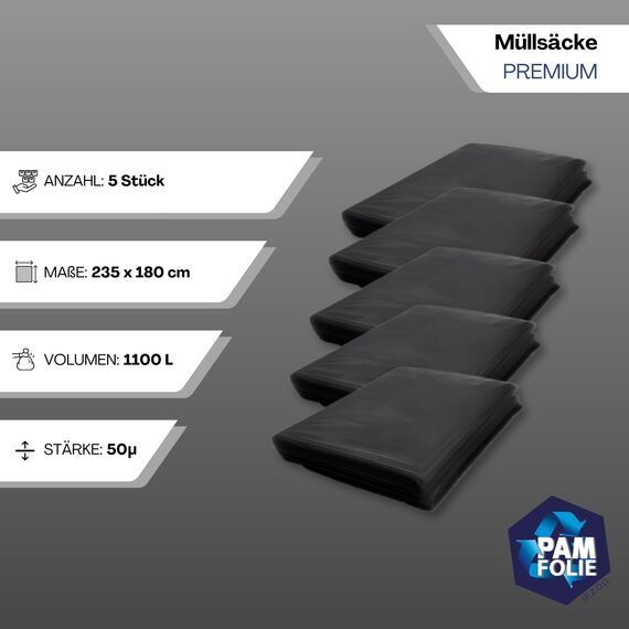 PAM-FOLIE Müllsäcke 1100L für Müllcontainer - 5 Stück - Set - XXL Große, Starke, Dicke Abfallsäcke - 235 cm x 180 cm - 50µm - Schutzhülle - Müllbeutel Schwarz - Universelle Säcke