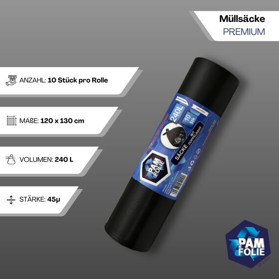 PAM-FOLIE Müllsäcke 240L - 10 Stück - XXL, Dicke, Große Abfallsäcke, Premium - 120x130cm - 45µm - schwarzer Müllbeutel - Säcke für Bauschutt Abfalls - Ideale Säcke für 240-Liter-Behälter
